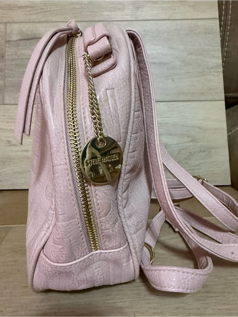 Steve Madden Blush Pink Mini Backpck Embossed Logo Gold Hardware Cute Trendy Bag